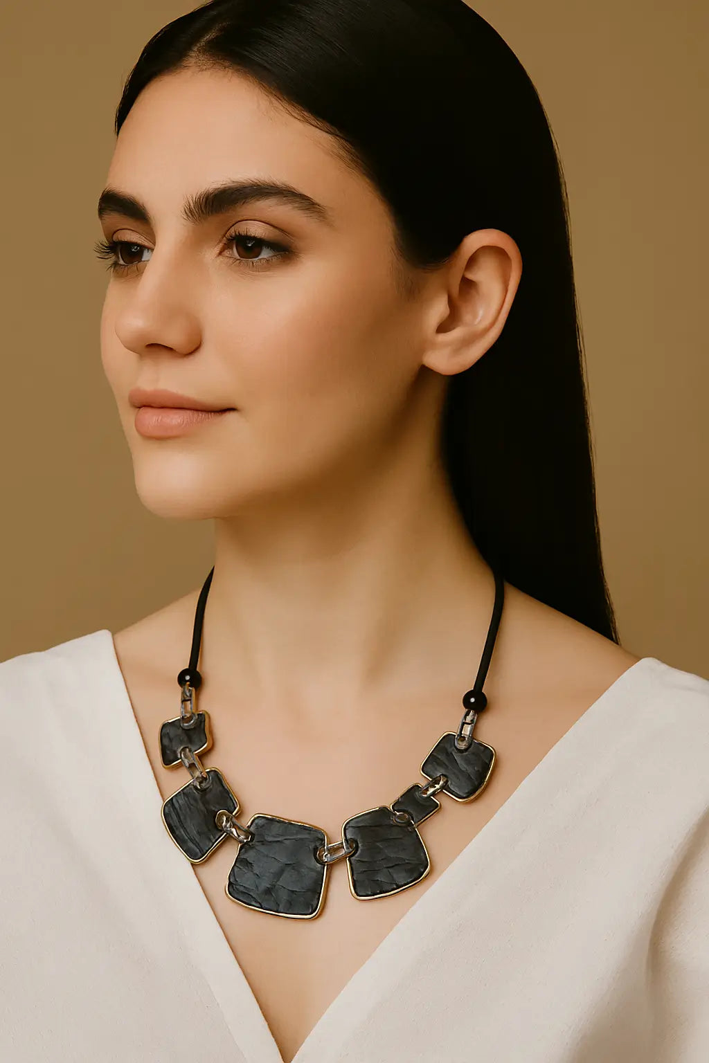 Textured Charcoal Panel Necklace – Rustic Finish