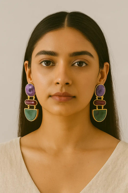 Triple Stone Danglers – Purple & Aqua Earrings