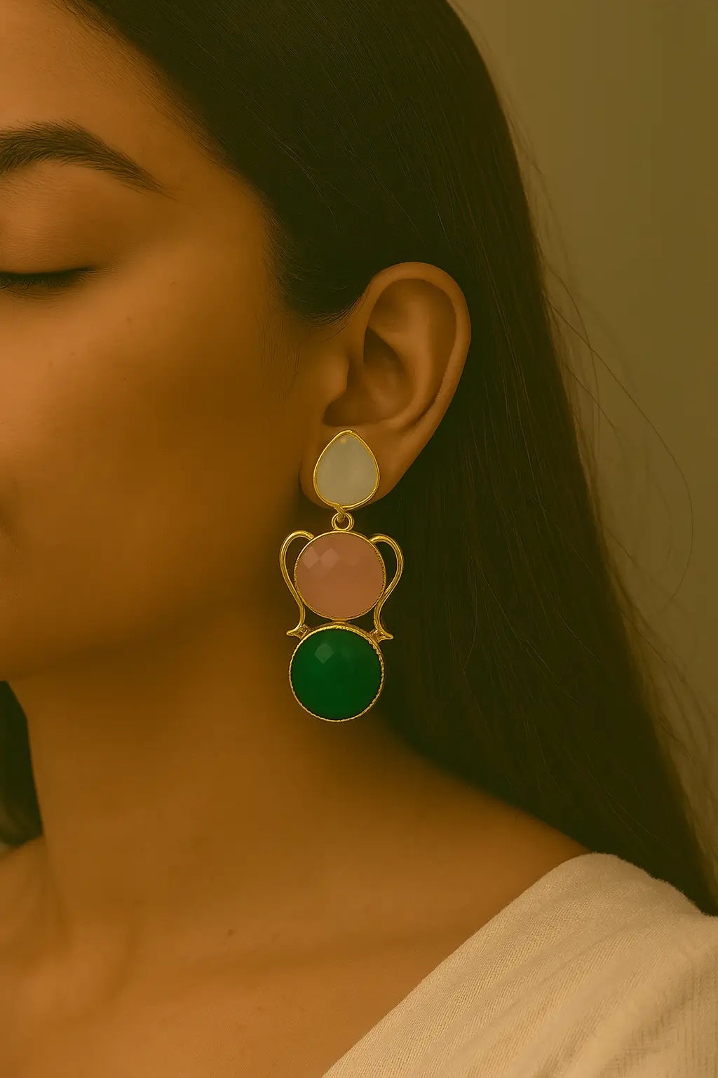 Triple Stone Drop Earrings – White, Pink & Green