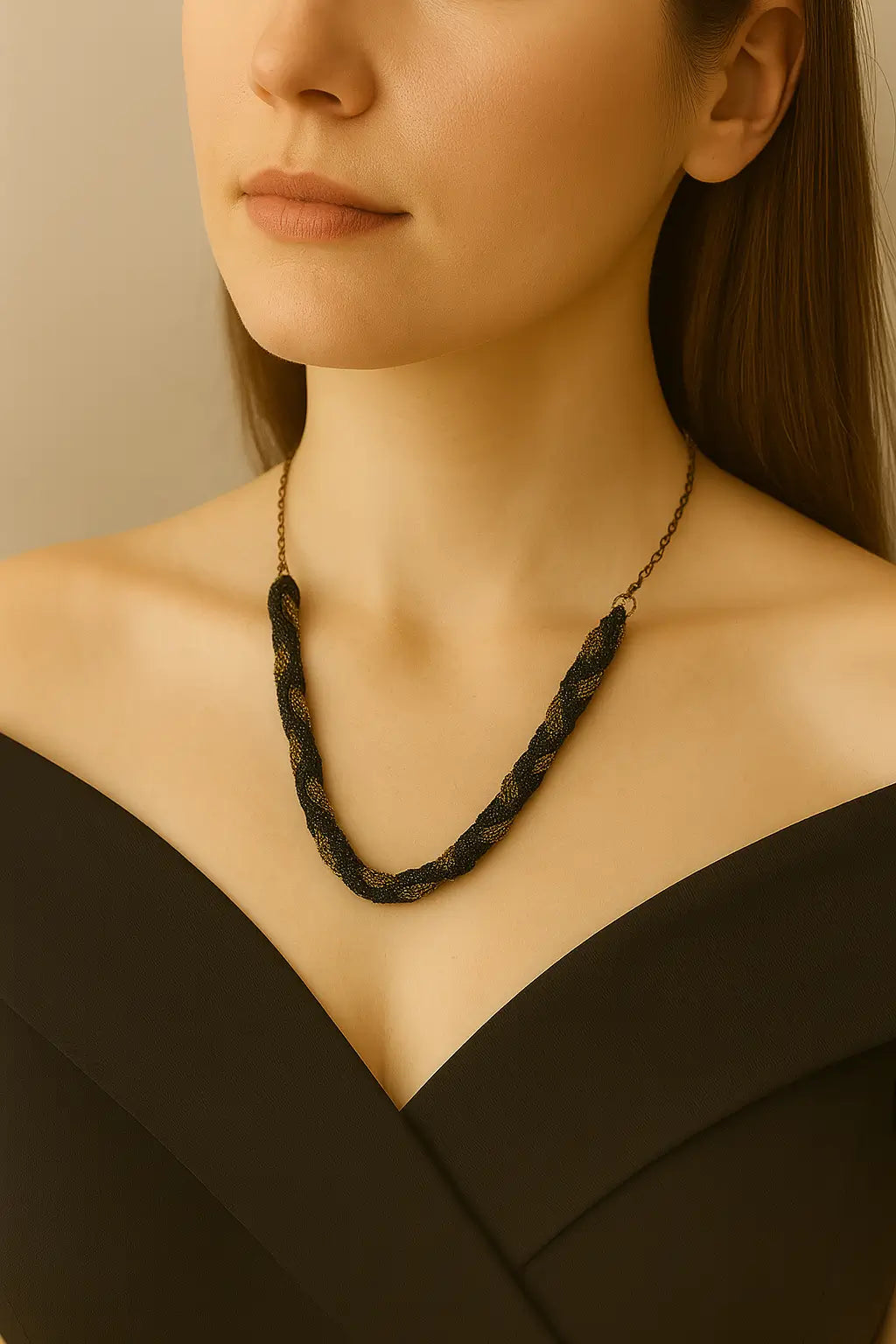 Twisted Black Thread Beaded Necklace