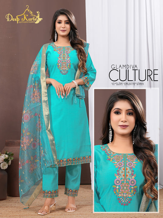 Roman Kurti 3 Piece Set with Multi Work Dupatta