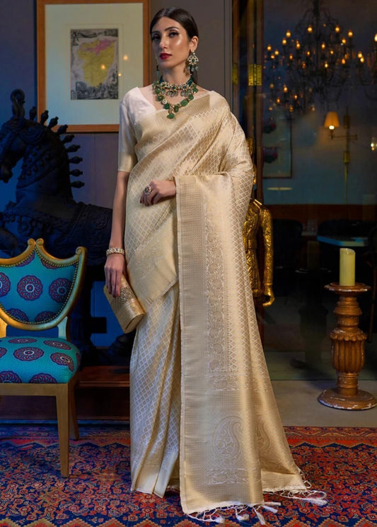 Cream Soft Lichi Silk Saree with Exclusive Jacquard Border