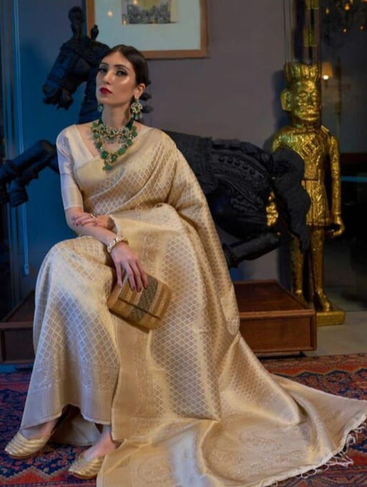 Cream Soft Lichi Silk Saree with Exclusive Jacquard Border