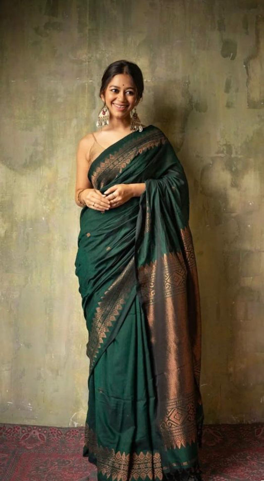 Banarasi Soft Lichi Silk Saree with All-Over Jacquard Work – Bottle Green