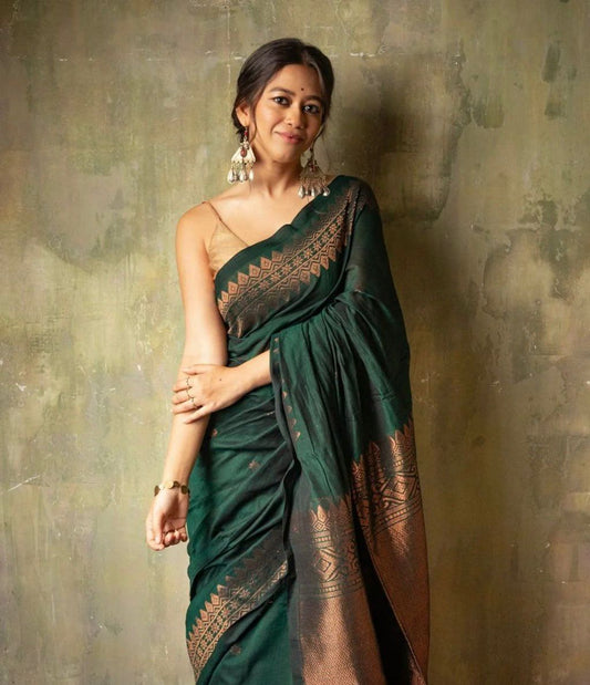 Banarasi Soft Lichi Silk Saree with All-Over Jacquard Work – Bottle Green