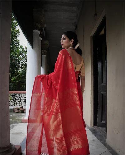 Banarasi Soft Lichi Silk Saree with All-Over Jacquard Work – Red