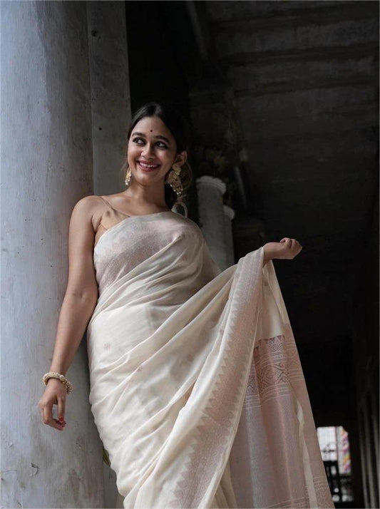 Banarasi Soft Lichi Silk Saree with All-Over Jacquard Work – White