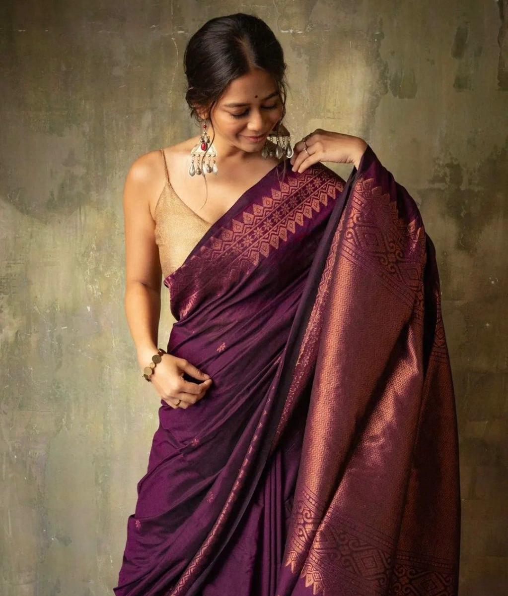 Banarasi Soft Lichi Silk Saree with All-Over Jacquard Work – Purple