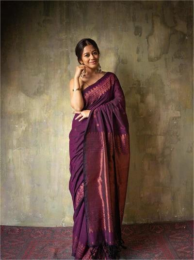 Banarasi Soft Lichi Silk Saree with All-Over Jacquard Work – Purple