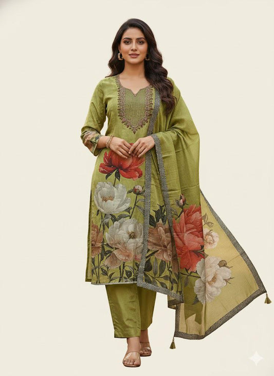 Green Pure Crepe Handwork Suit