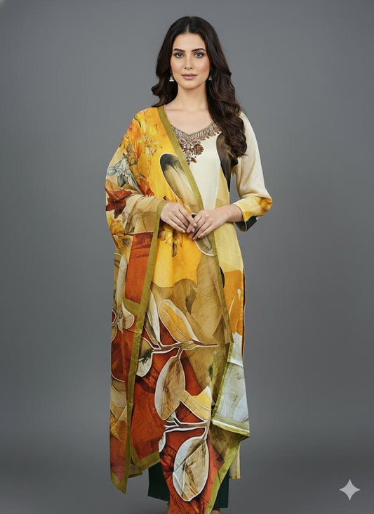 Yellow Pure Muslin Handwork Suit