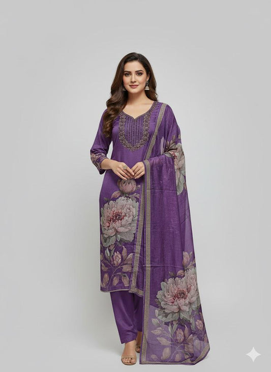 Purple Pure Crepe Handwork Suit