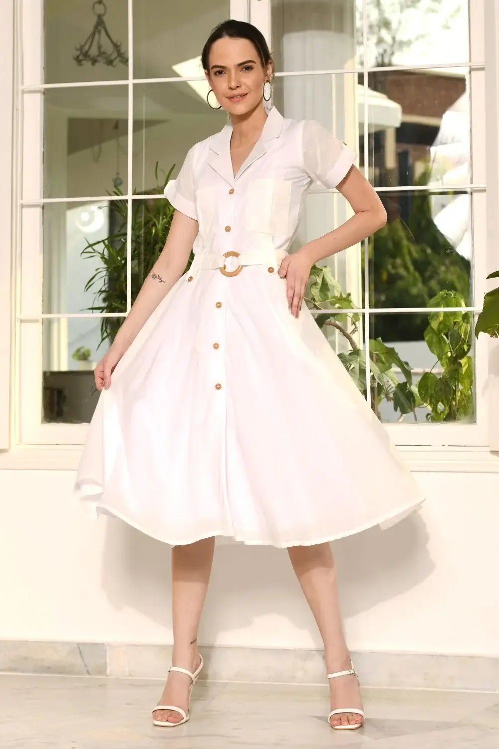 White Shirt-Style Dress with Wood Buttons
