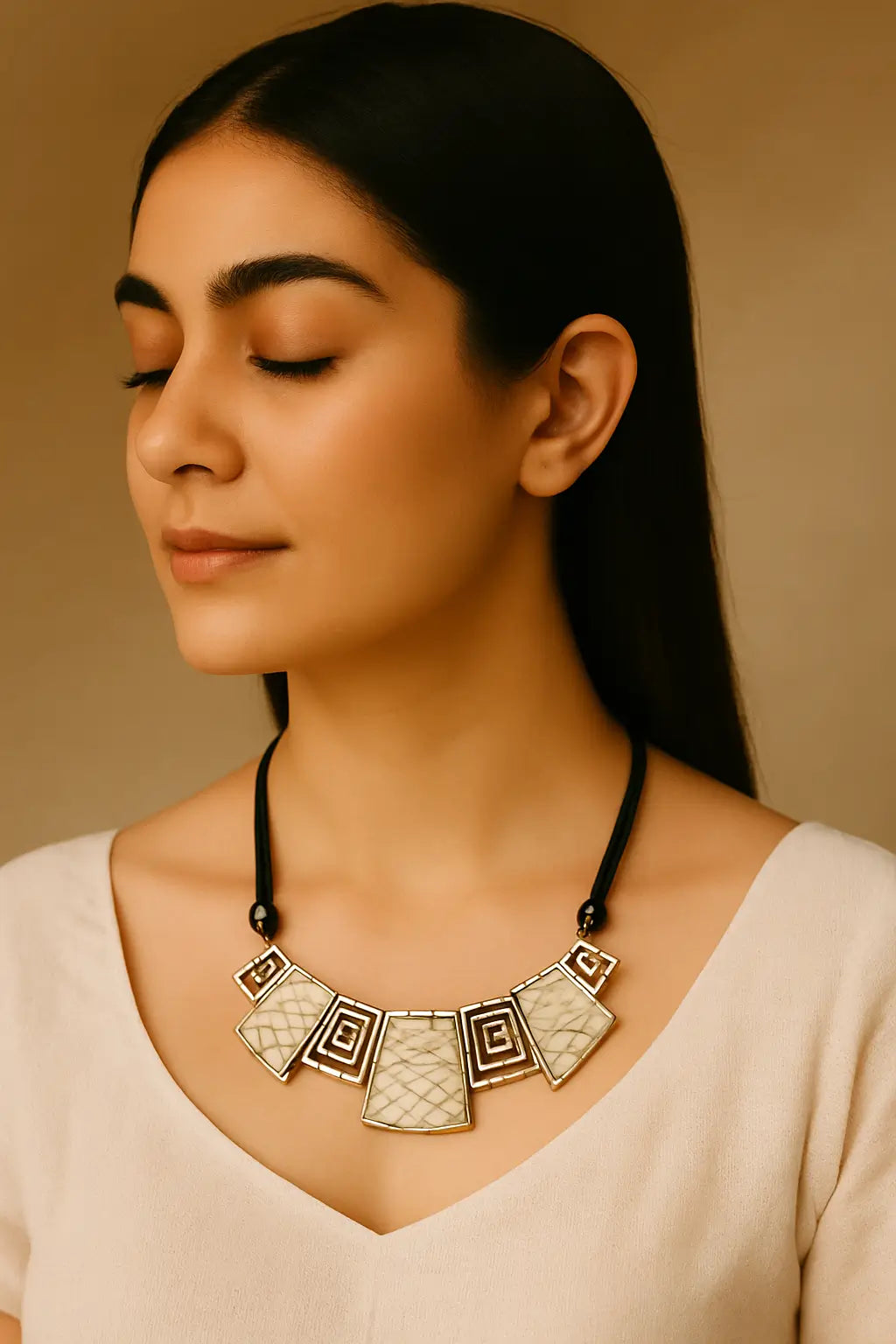 White Mosaic Tribal Necklace for Women