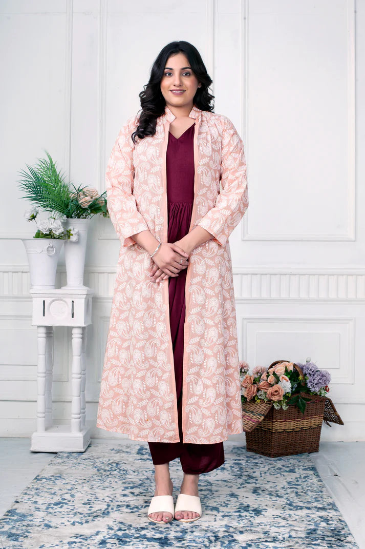 Wine elegance cowl dress with blush Chikankari jacket
