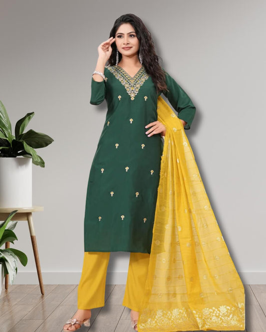 Women’s Green Embroidered Kurti Set with Mustard Pant