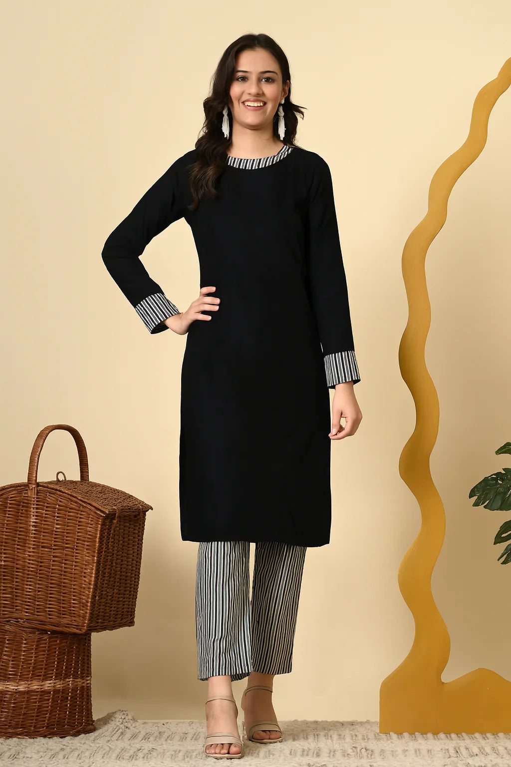 black kurta with striped pants women