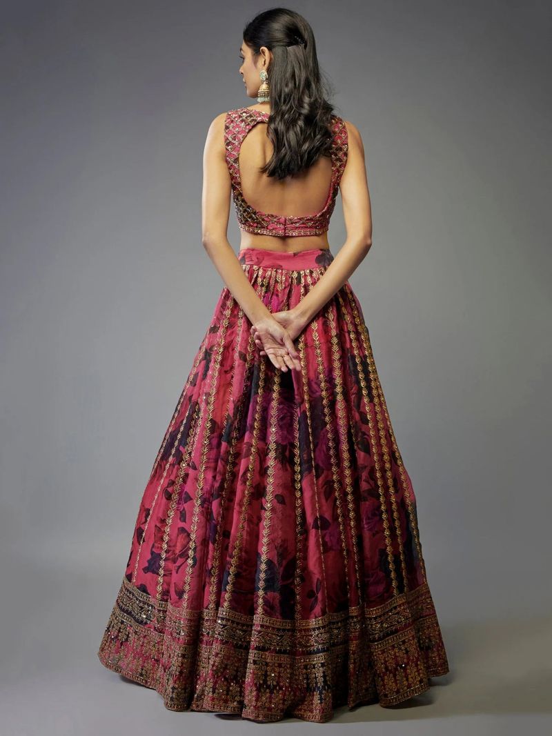Zari Embroidered Floral Printed Pink Organza Lehenga Choli For Wedding