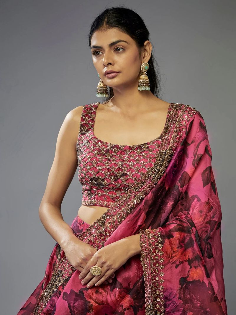 Zari Embroidered Floral Printed Pink Organza Lehenga Choli For Wedding