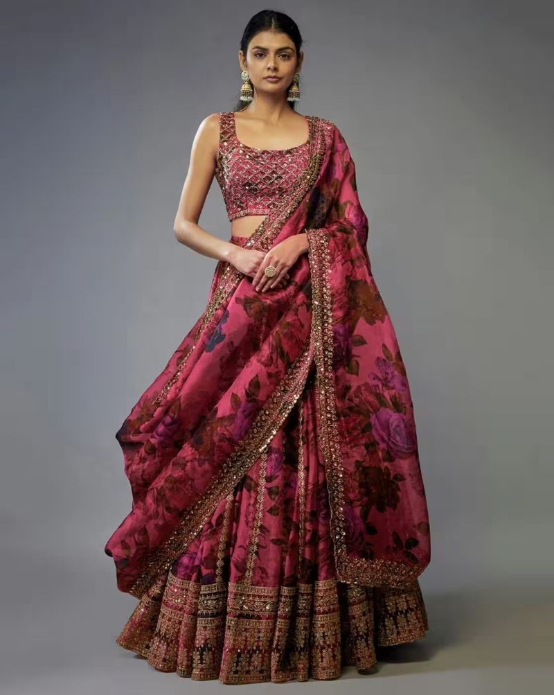 Zari Embroidered Floral Printed Pink Organza Lehenga Choli For Wedding